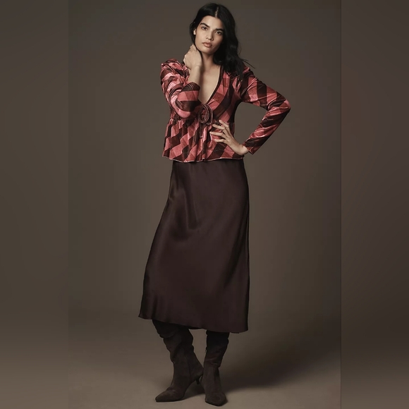 Anthropologie Maeve Velvet Babydoll Top Red Pink Puff Sleeve Large - Picture 3 of 7